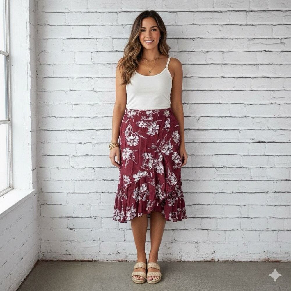 ZARA Floral Midi Skirt Burgundy Red White Ruffle Hem Women’s XL | Summer Casual